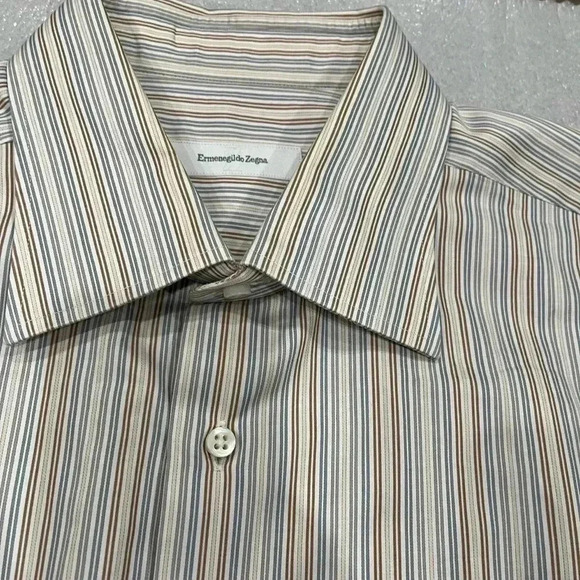 [17]Ermenegildo Zegna Rossini  Regular Brown/ Blue Pinstripes Dress Shirt - Picture 2 of 12